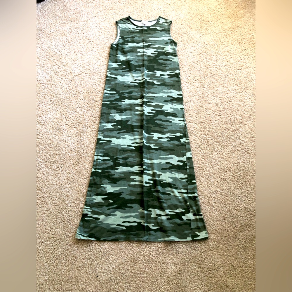 Maxi dress, cotton, camouflage print, soft, size Small, length 52”.